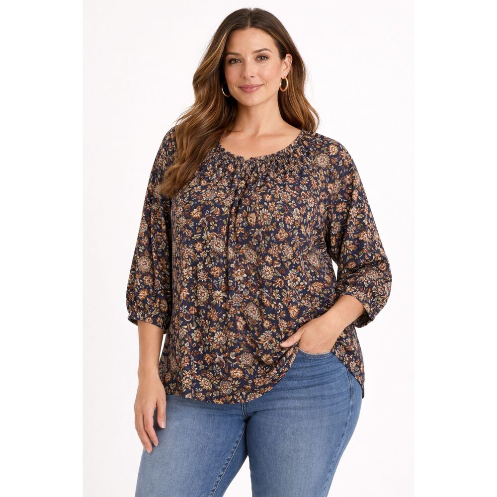 Christopher & Banks Womens Popover Blouse Plus 1X Blue Red Floral Rayon